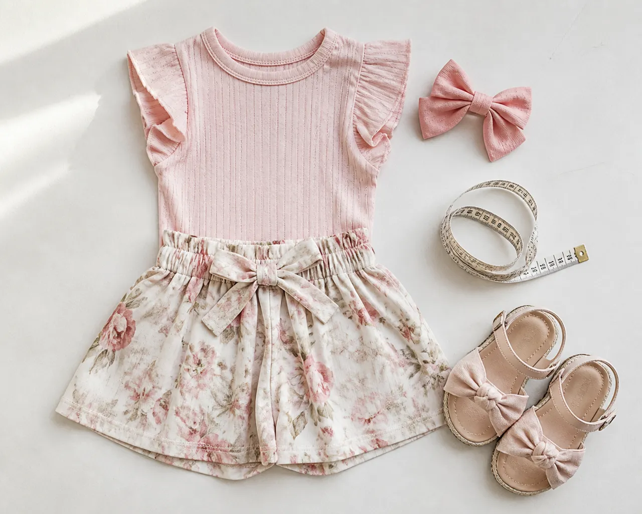 Conjunto infantil feminino com blusa, short-saia, sandália, laço e fita métrica para planejar tamanho e conforto