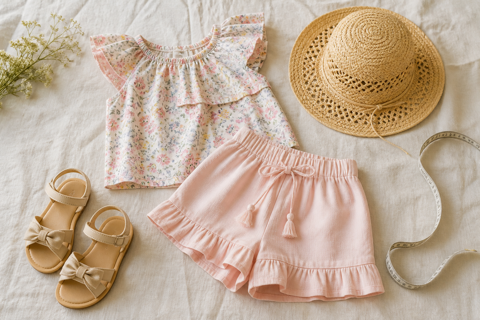 Conjunto infantil feminino com peças e fita métrica para escolher o tamanho