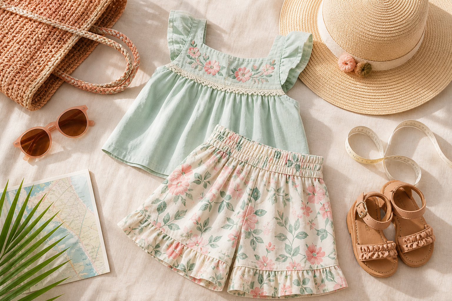 Conjunto infantil feminino com peças e fita métrica para escolher o tamanho