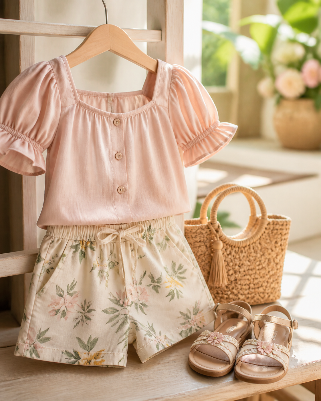 Detalhe de conjunto infantil feminino com blusa e short para passeio