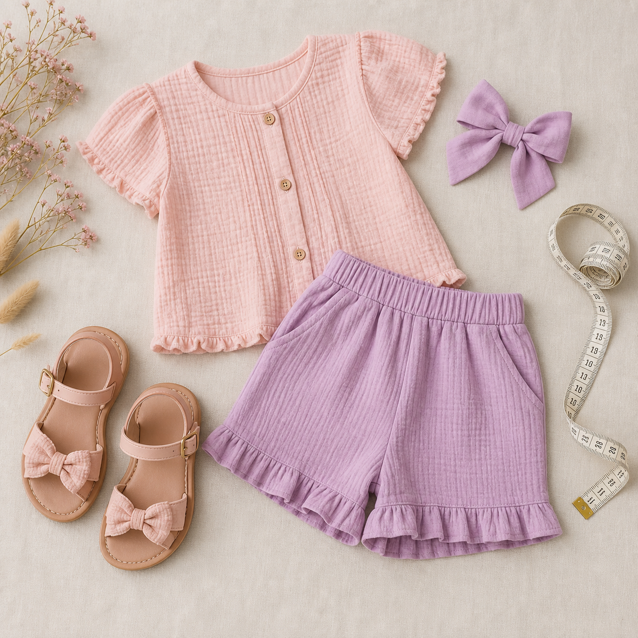 Conjunto infantil feminino com blusa, short, sandália, laço e fita métrica para conferir tamanho
