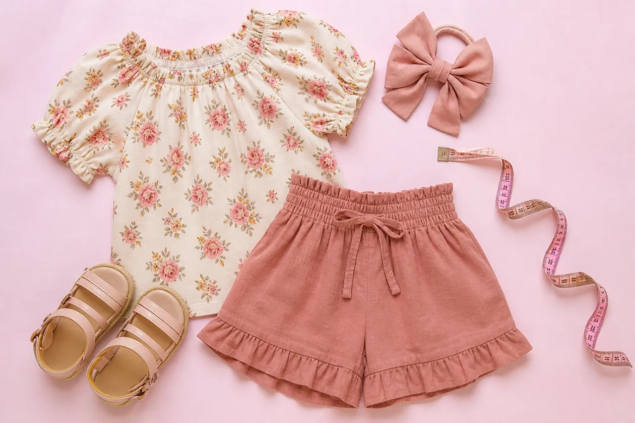 Conjunto infantil feminino com sandália, laço e fita métrica para conferir tamanho antes da compra