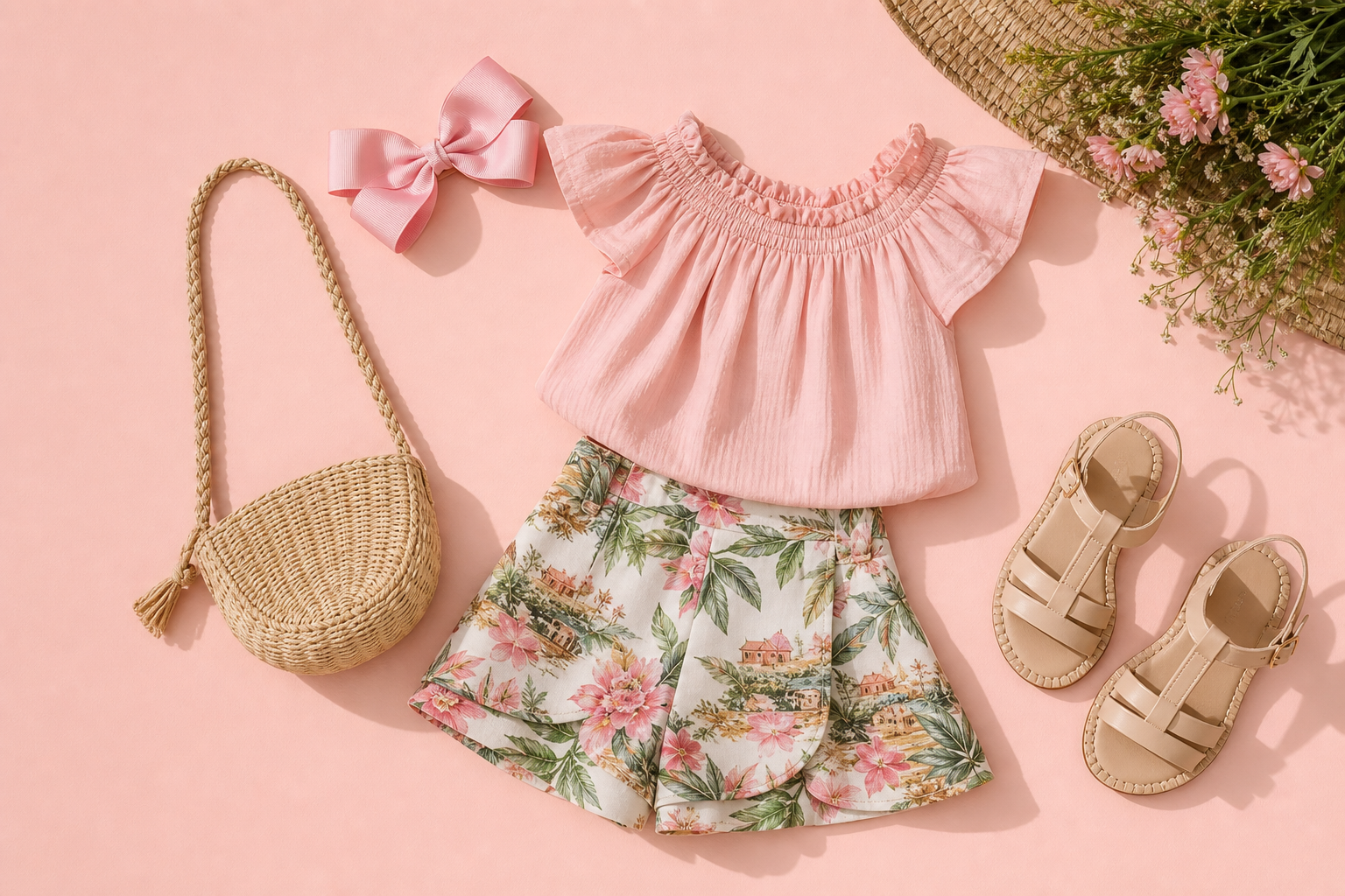 Conjunto infantil feminino para passeio com blusa rosa, short-saia floral, sandálias, laço e bolsa infantil