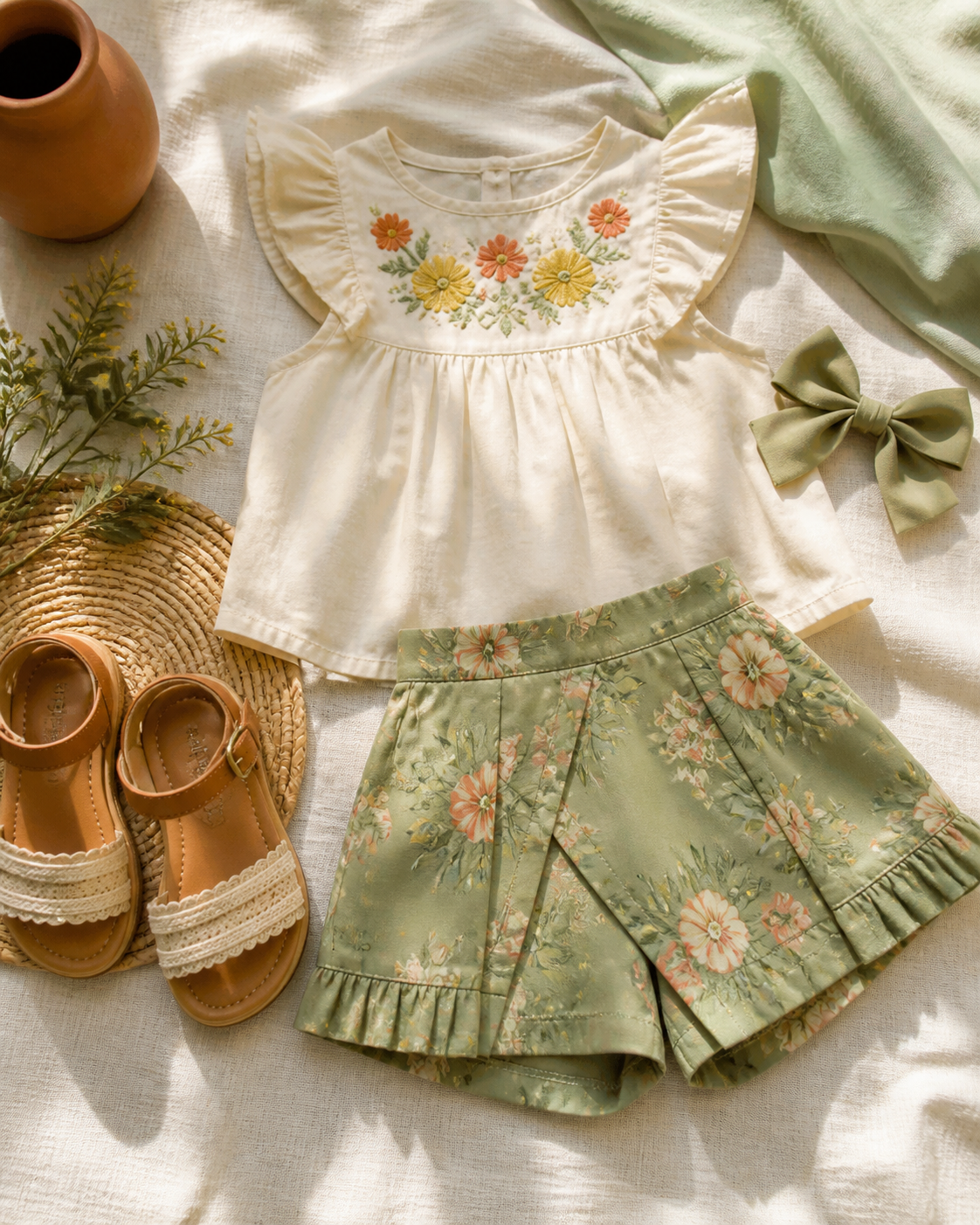 Detalhes de blusa e short infantil para combinar em passeios durante o dia