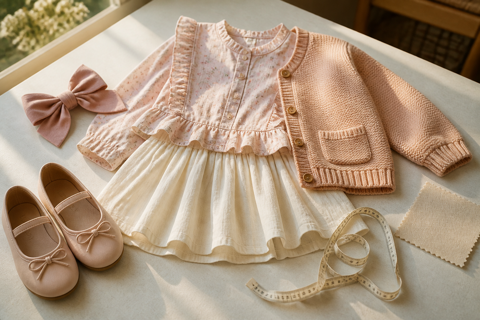 Look infantil para aniversário com acessórios, fita métrica e amostras de tecido