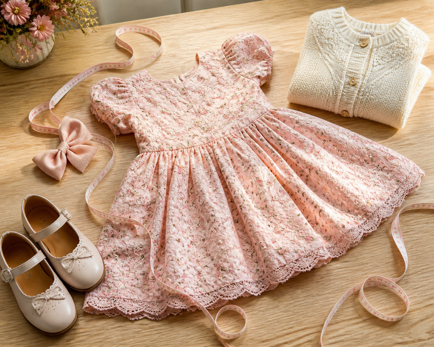 Vestido infantil, laço, sapatos e fita métrica para montar um look de aniversário