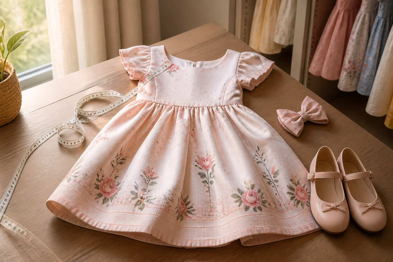Vestido infantil com fita métrica, tecido, laço e sapatos para avaliar medidas e conforto