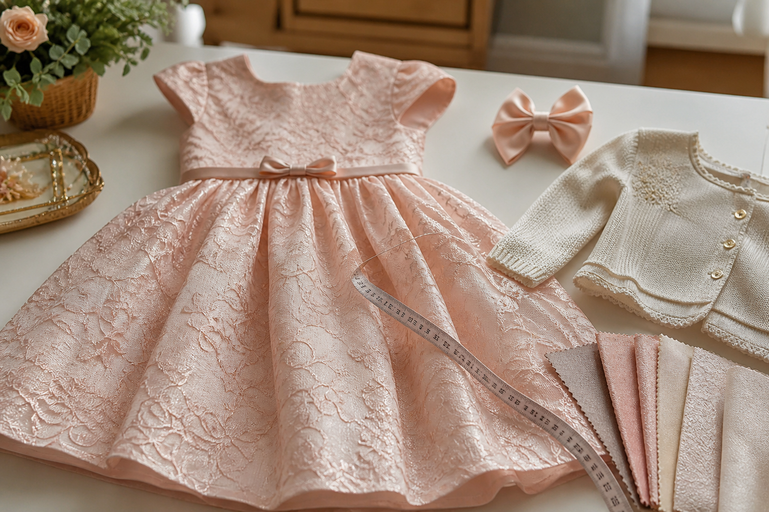 Vestido infantil de ocasião especial com fita métrica, tecidos, laço e casaquinho para orientar a escolha