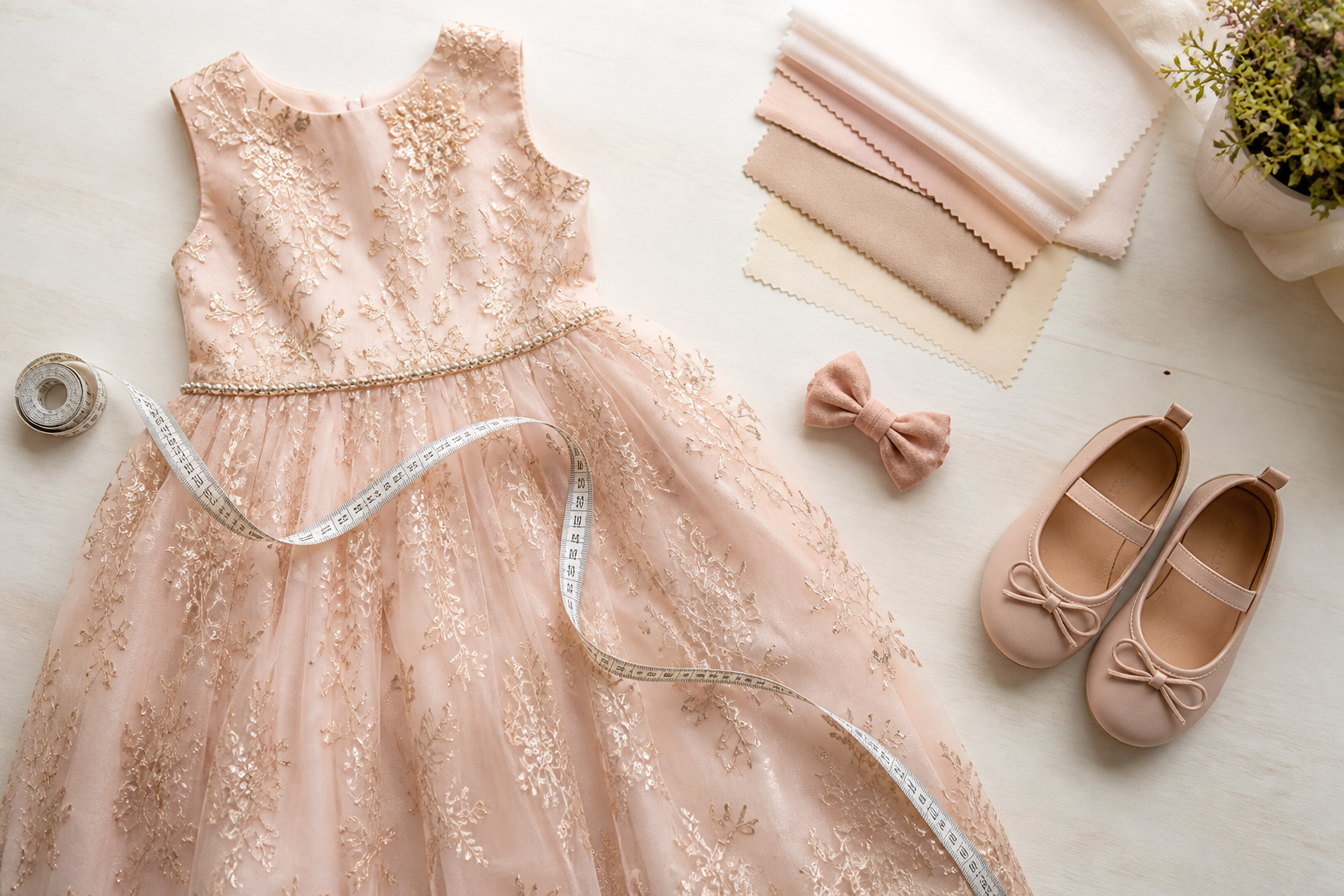 Vestido infantil de festa com fita métrica, tecidos, sapatos e laço para avaliar tamanho e conforto
