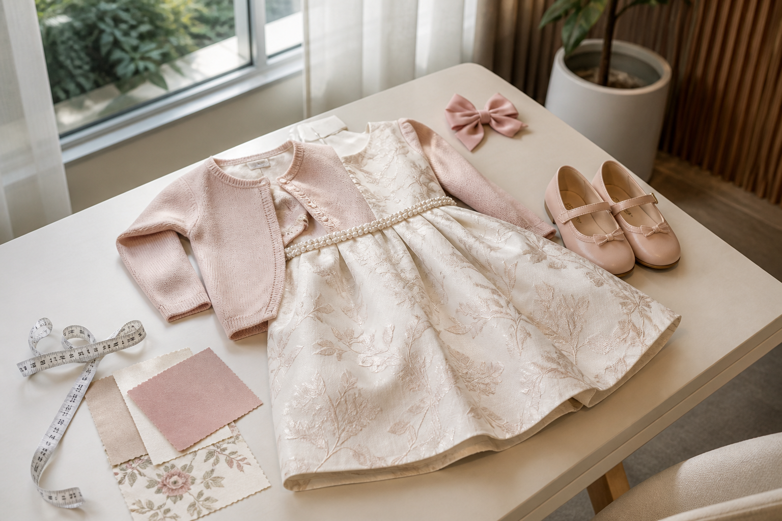 Vestido infantil de festa com cardigan, laço, sapatos, fita métrica e amostras de tecido
