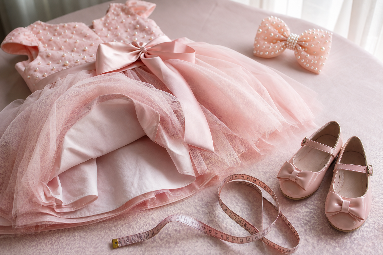 Detalhe de tule, forro macio, laço, sapatinho e fita métrica para avaliar conforto do vestido infantil de festa