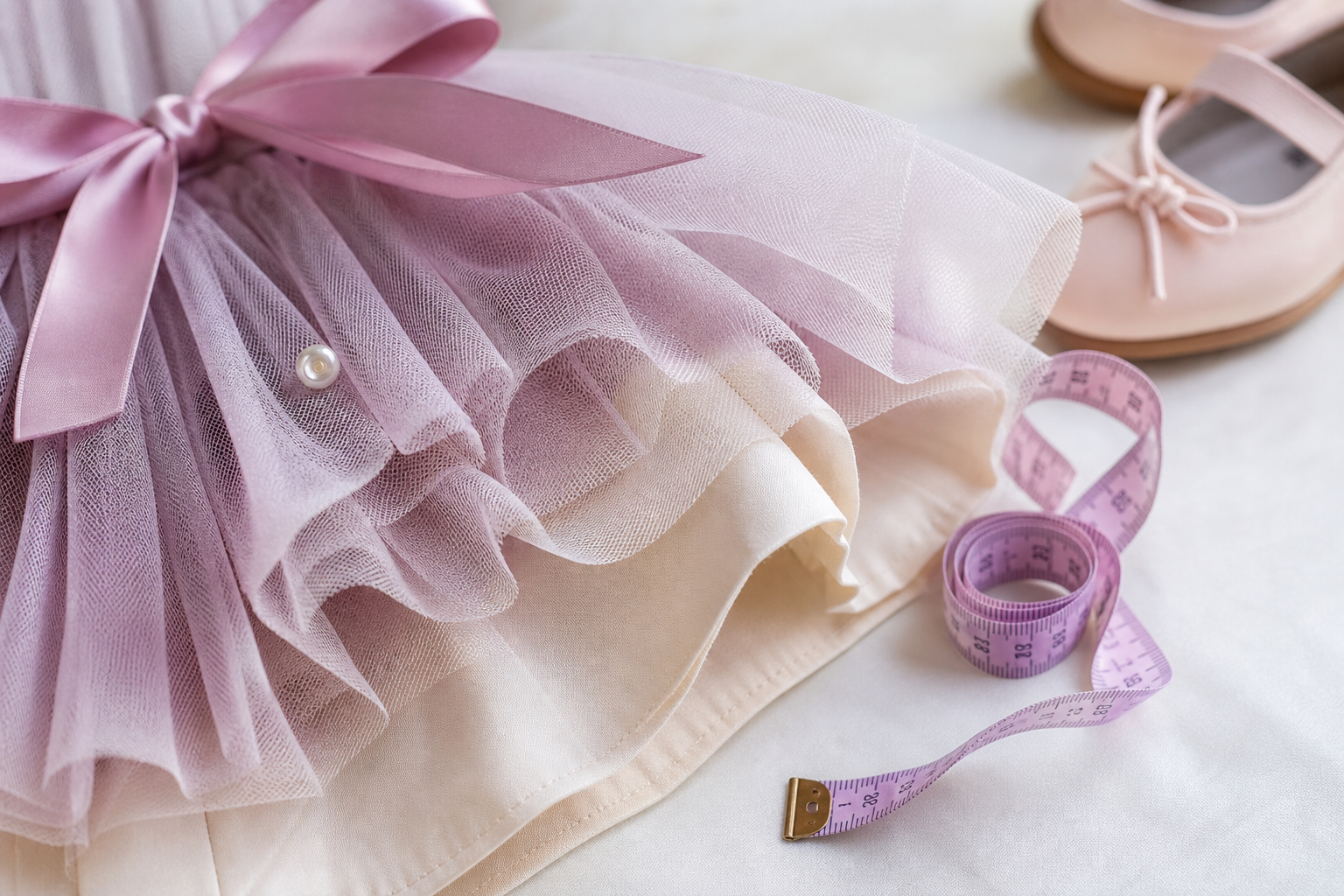 Detalhe de vestido infantil de festa com tule, forro, sapatilha e fita métrica para avaliar conforto