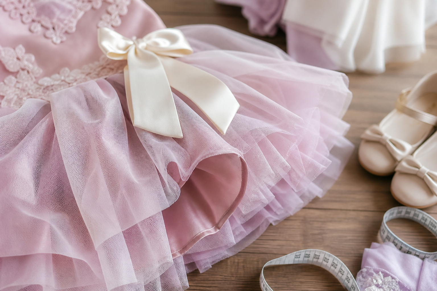 Detalhe de vestido infantil de festa com tule, forro, sapatilha e fita métrica para avaliar conforto