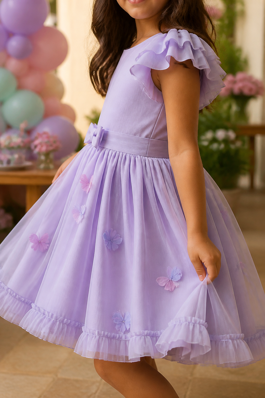 Detalhe de vestido infantil lilás com babados e flores para aniversário