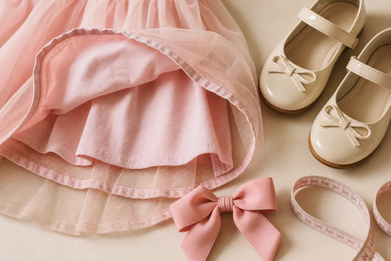 Detalhe de forro, tule, costura, laço, sapatos e fita métrica para escolher look infantil confortável
