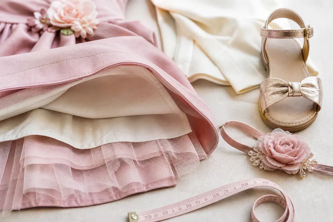 Detalhe de forro, tule, costura, sandália e tiara para avaliar conforto do look infantil