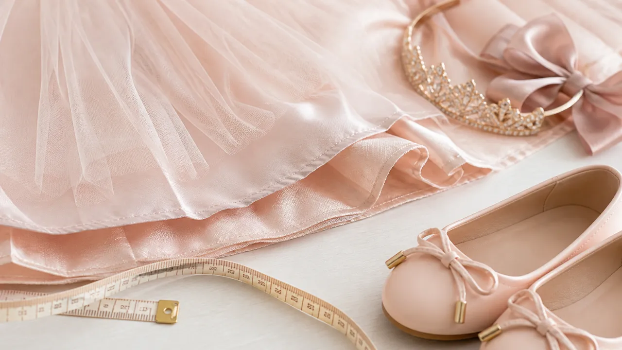 Detalhe de tule, forro, costura, sapatilha, tiara e fita métrica para avaliar conforto da moda infantil feminina
