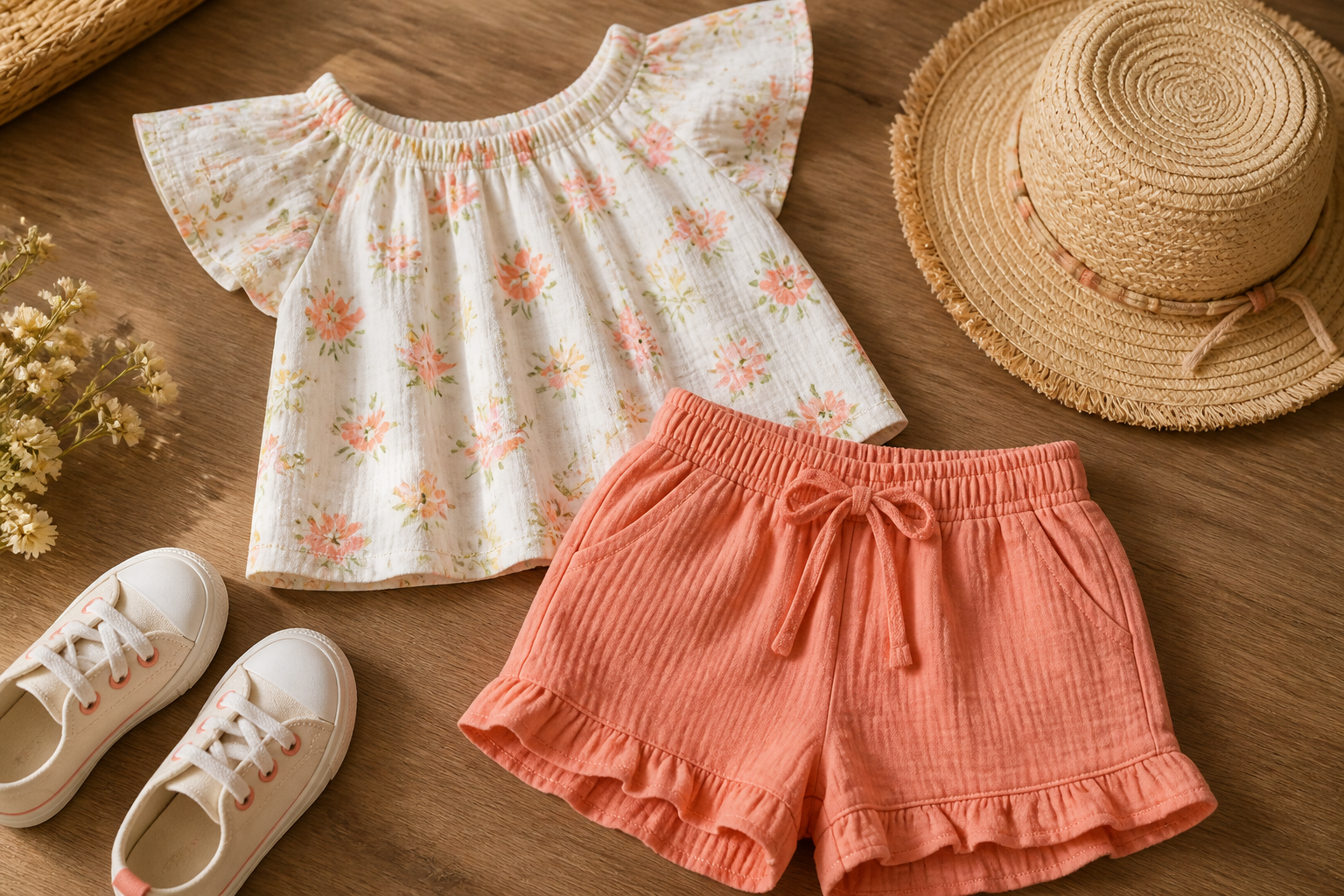 Detalhes do tecido, cintura e acabamento de conjunto infantil feminino