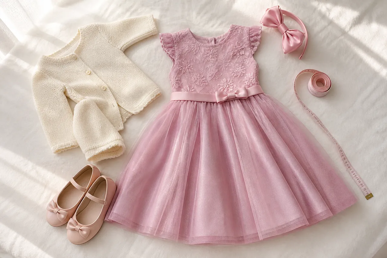 Look infantil feminino para aniversário com vestido rosa, sapatilha, laço, cardigan e fita métrica
