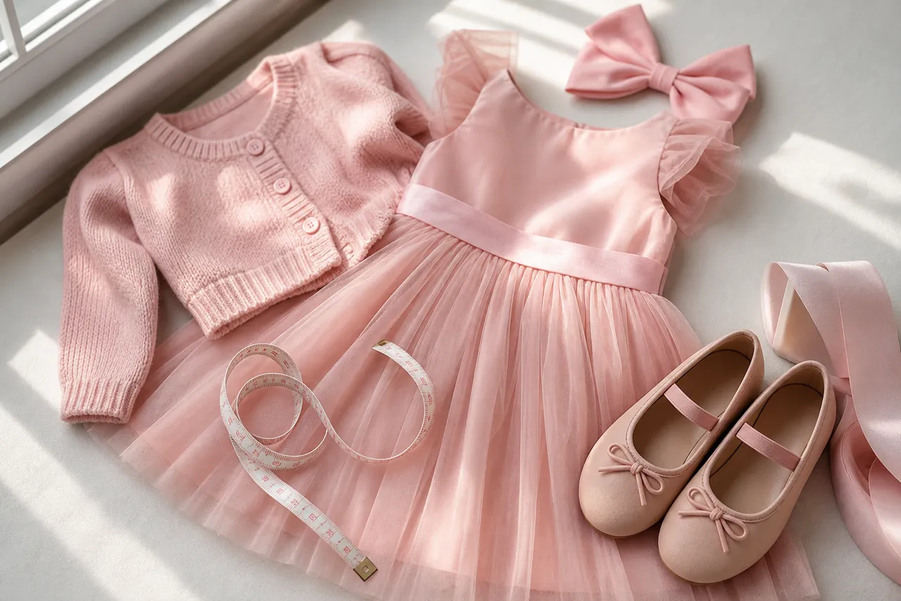 Vestido infantil rosa, cardigan, laço, sapatilha e fita métrica para planejar look de aniversário