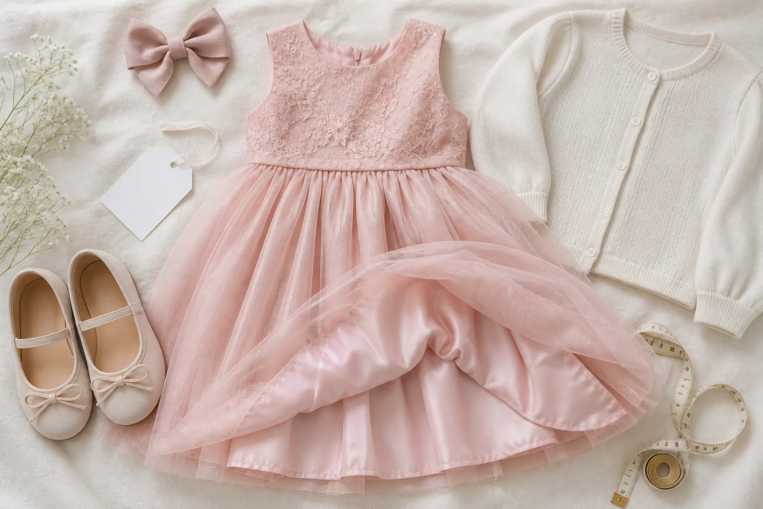 Vestido infantil rosa de festa com sapatilha, laço, cardigan e fita métrica