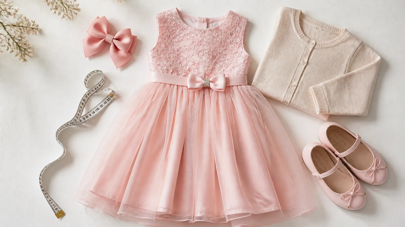 Vestido infantil rosa de festa com sapatilha, laço, cardigan e fita métrica