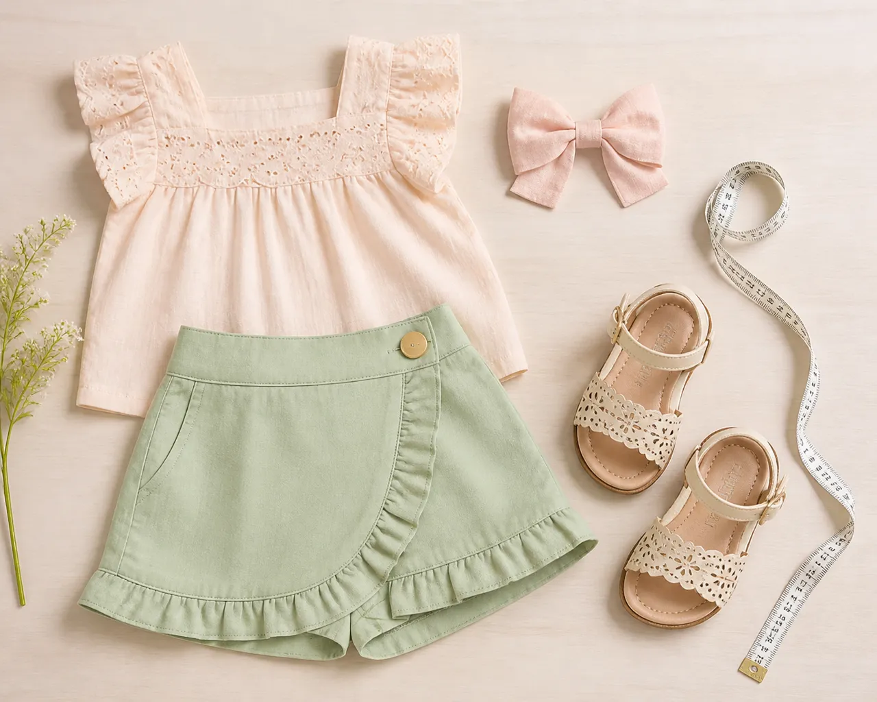 Conjunto infantil feminino com laço, sandália e fita métrica para conferir tamanho antes da compra online