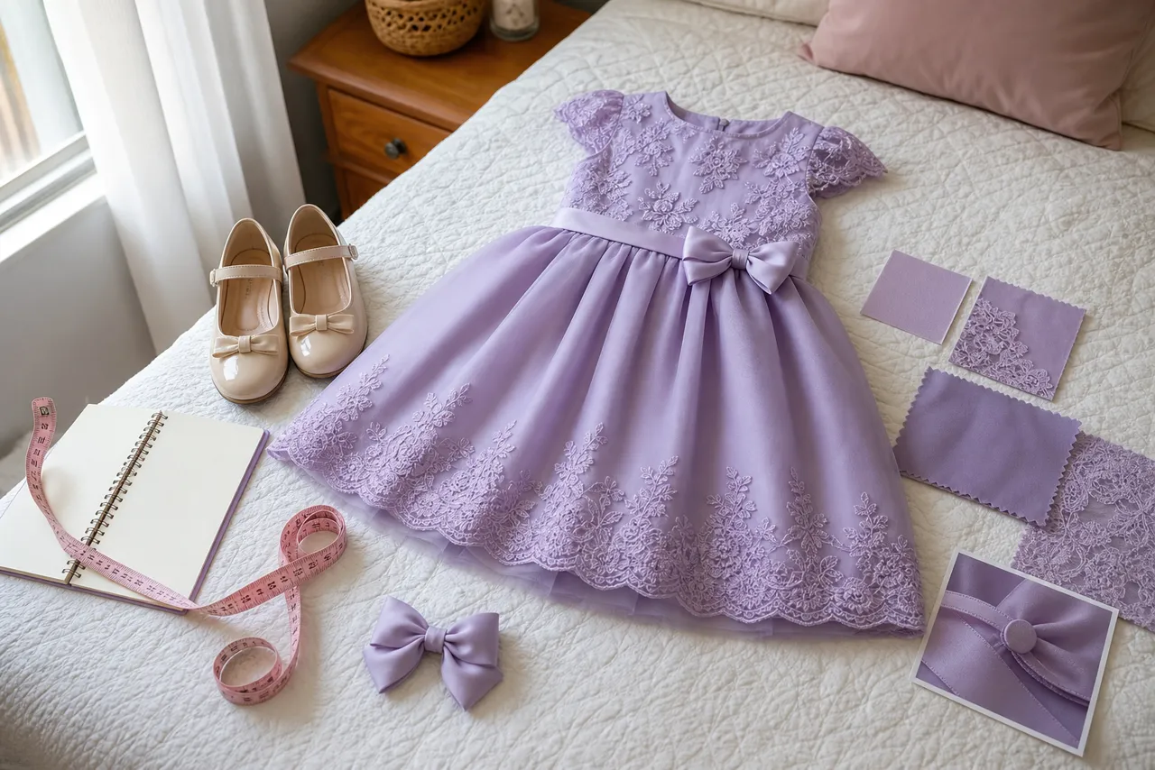 Vestido infantil lilás com sapato, laço, amostras de tecido e fita métrica