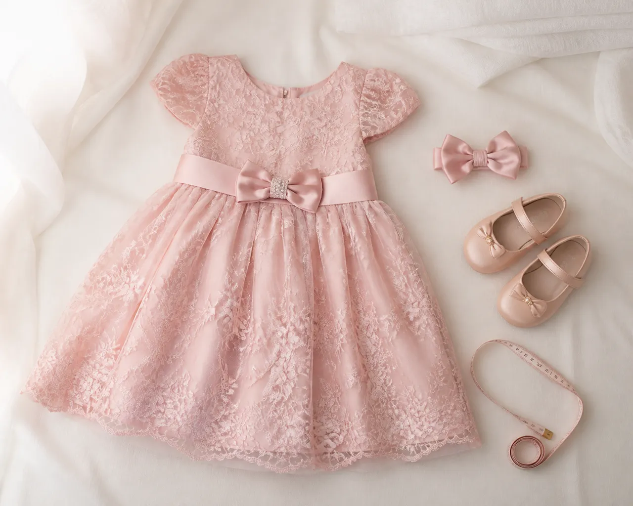 Vestido infantil rosa de festa com sapato, laço e fita métrica para planejar tamanho e conforto