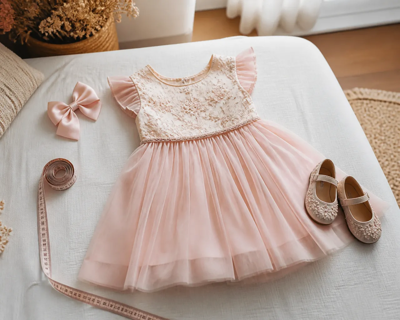 Vestido infantil rosa de festa com sapato, laço e fita métrica para planejar tamanho e conforto