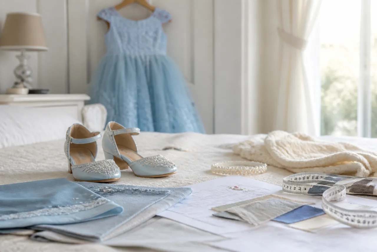 Vestido infantil azul, sapato, pérolas e fita métrica para planejar look de festa