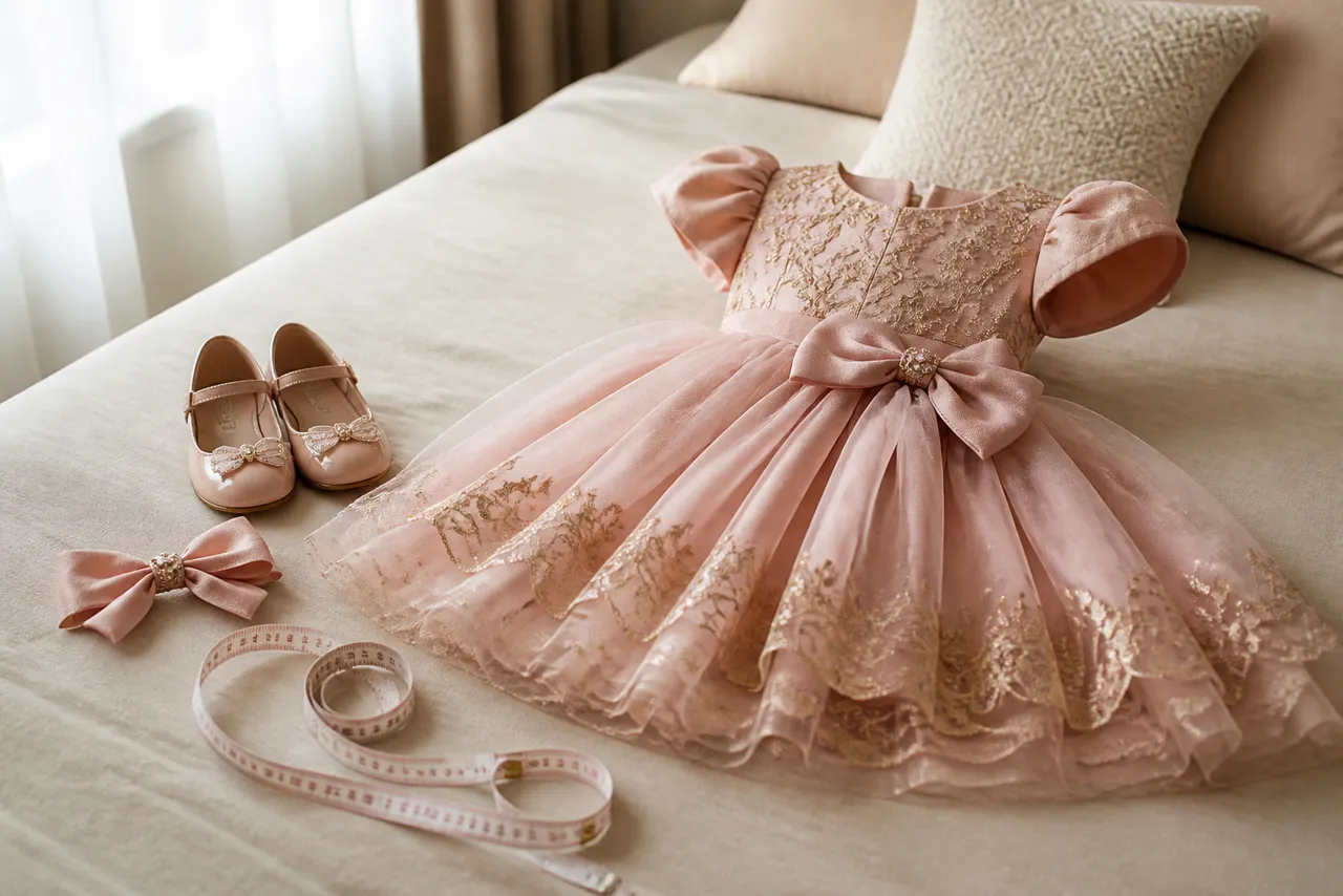 Vestido infantil rosa de festa com sapatos, laço e fita métrica para conferir tamanho