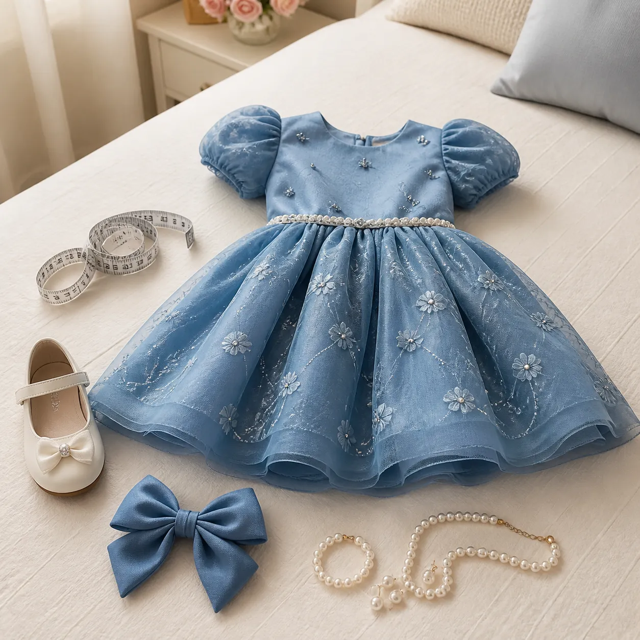 Vestido infantil azul de festa com sapato, laço, pérolas e fita métrica para conferir tamanho