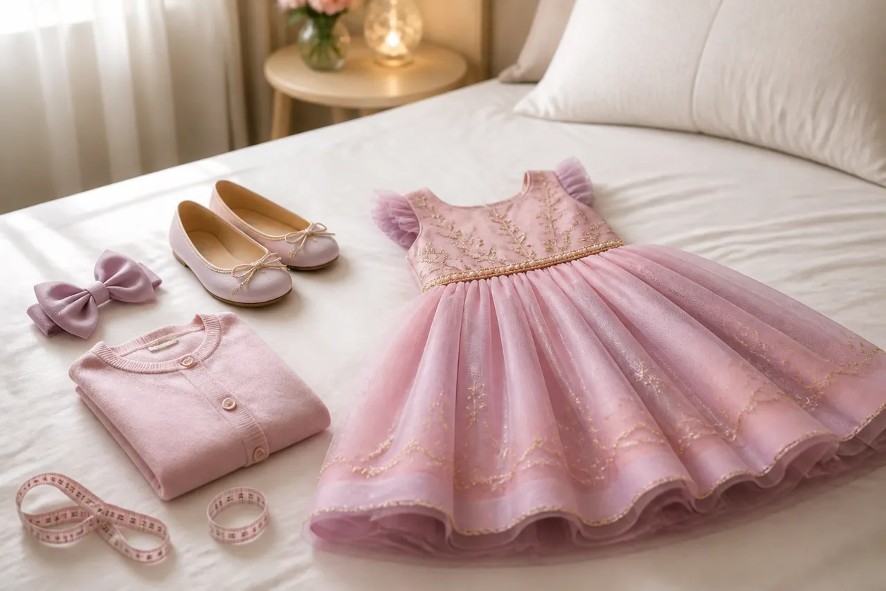 Vestido infantil rosa, cardigan, laço, sapatilha e fita métrica para planejar moda infantil feminina