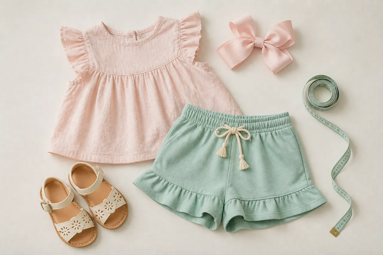 Conjunto infantil feminino com blusa short-saia sandália laço e fita métrica para conferir tamanho