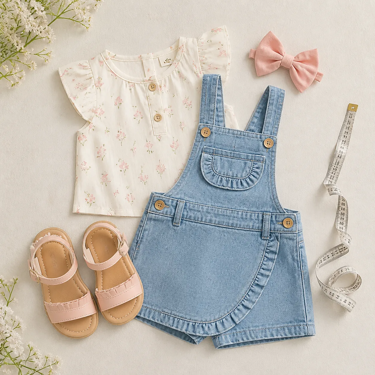 Conjunto infantil feminino com acessórios e fita métrica para conferir tamanho antes do passeio