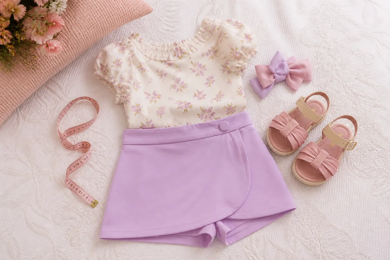 Conjunto infantil feminino com blusa short-saia sandália laço e fita métrica para conferir tamanho