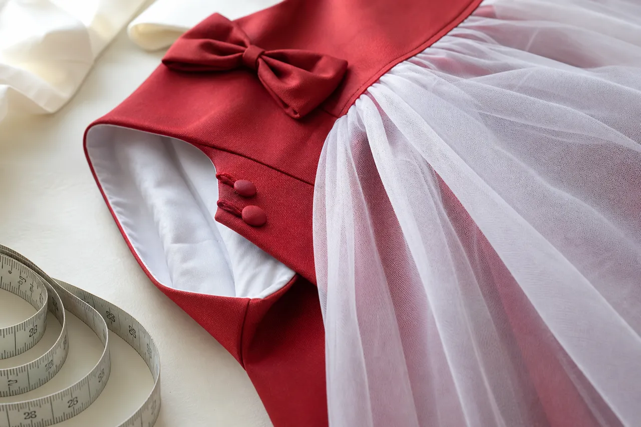 Detalhe de tecido, tule, forro, botões, laço e fita métrica em vestido infantil feminino