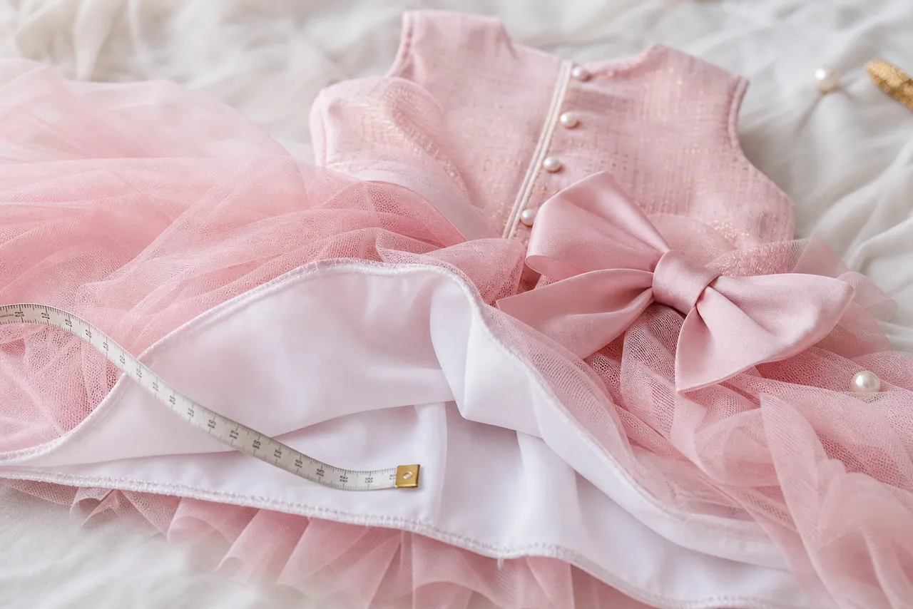 Detalhe de tule, forro, costura, laço e fita métrica em vestido infantil de festa