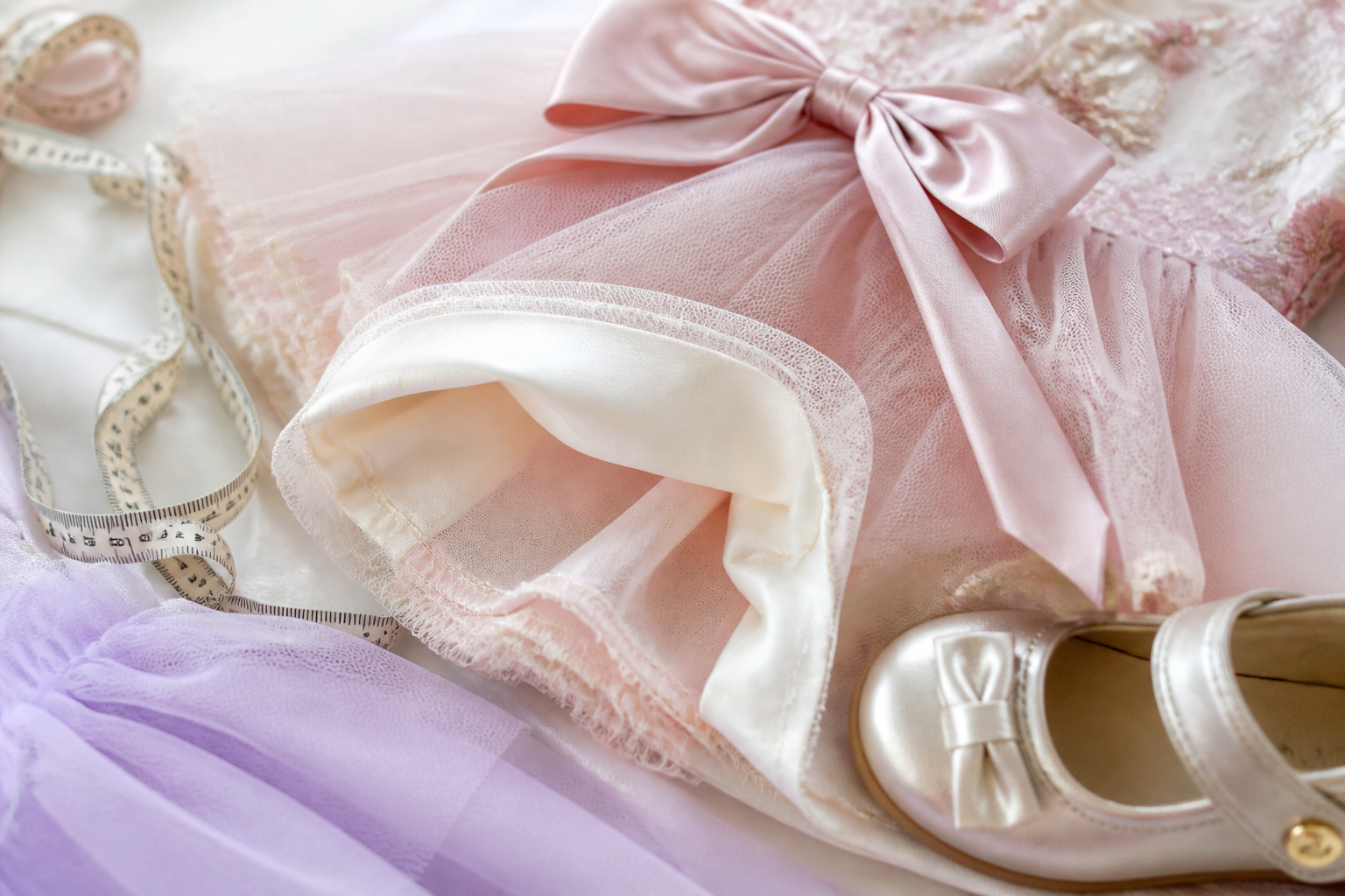 Vestido infantil de festa com fita métrica, laço, sapatinhos e casaquinho para planejar tamanho e acessórios