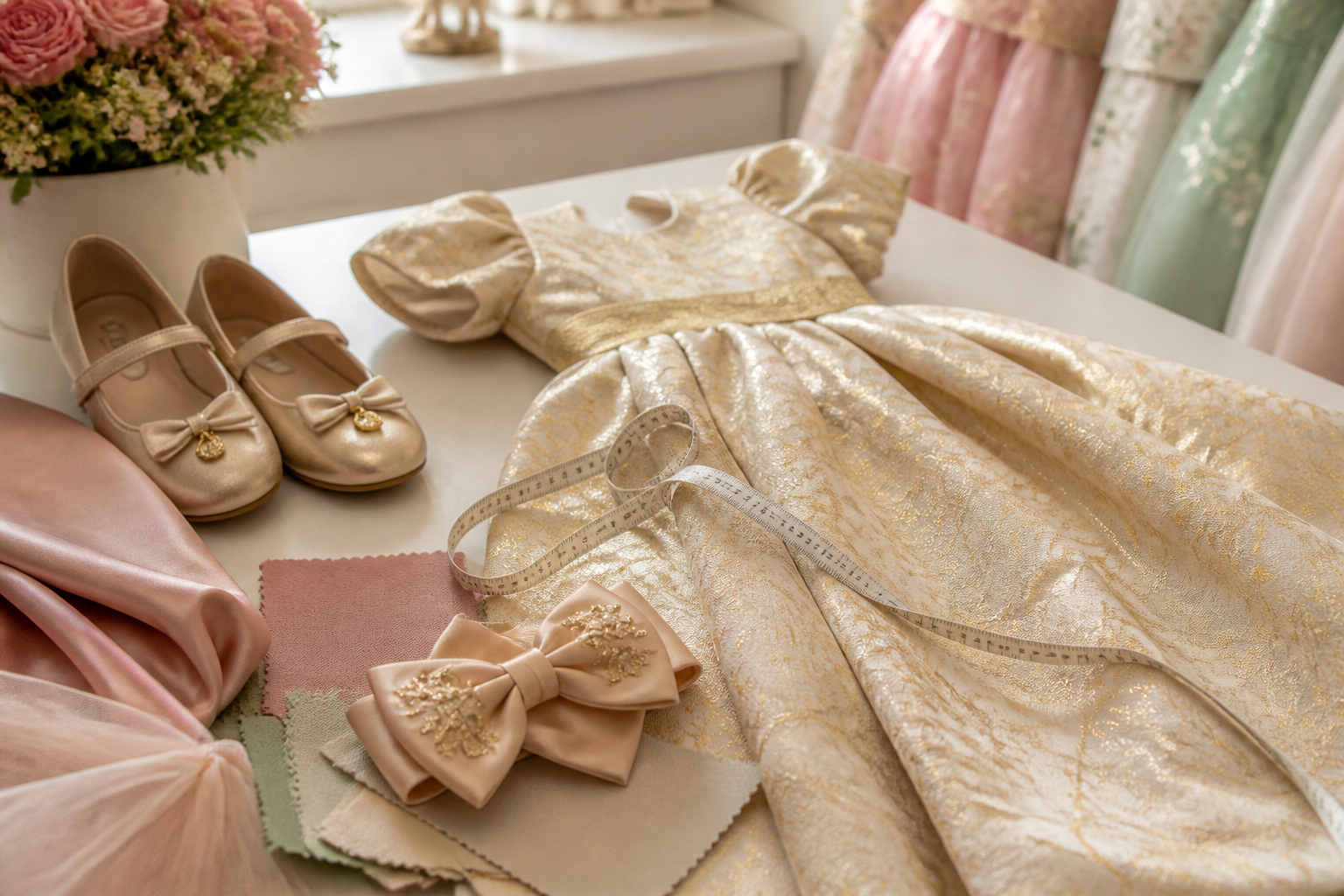 Detalhes de vestido infantil de festa com fita métrica, laço e acessórios no Jardim Gramado