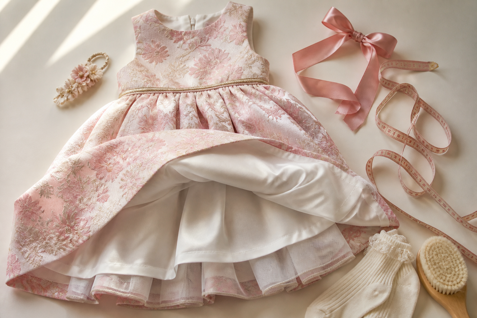 Vestido infantil de festa, forro macio, fita métrica e laço para avaliar medidas e conforto