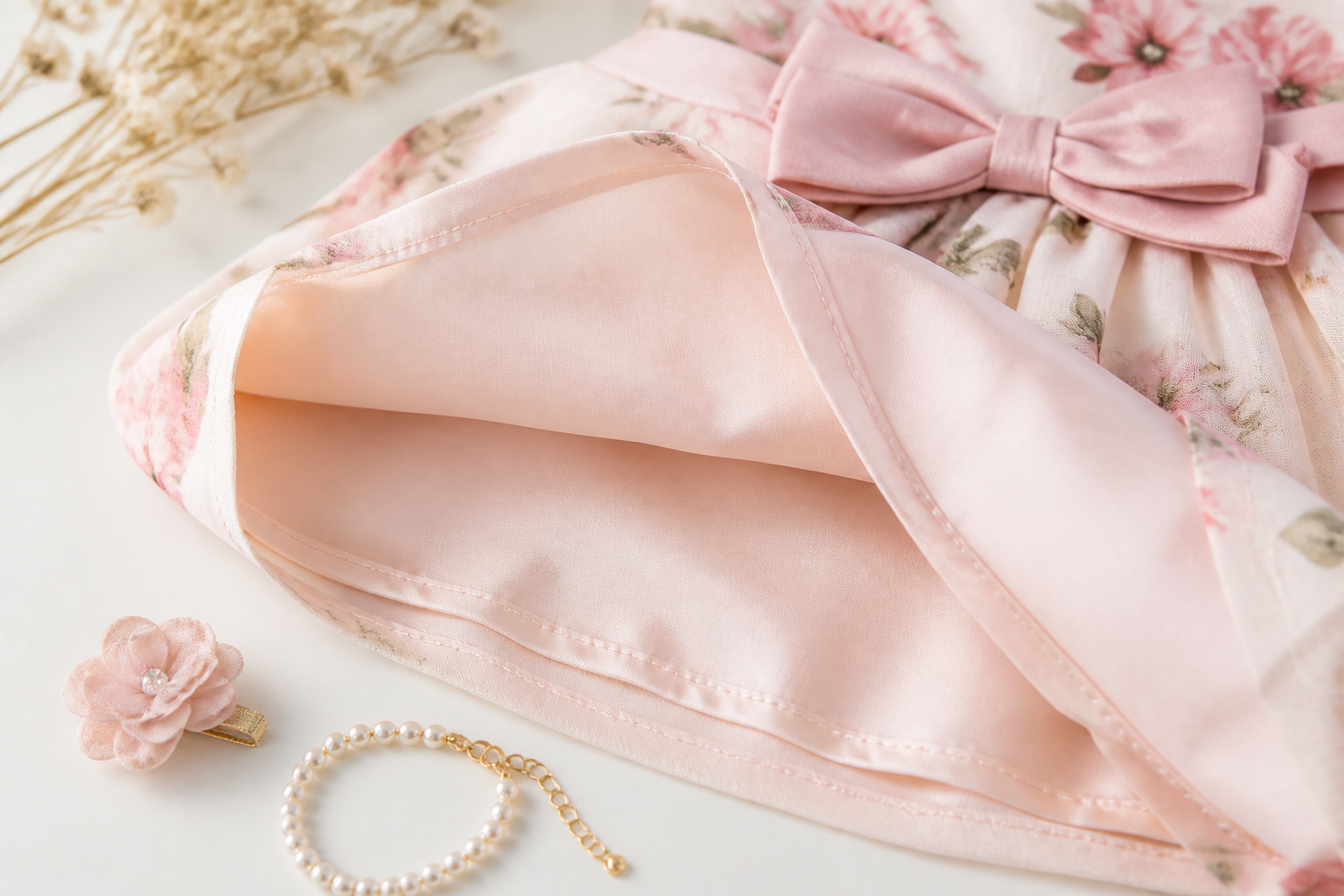 Detalhes de tecido, forro e laço de vestido infantil para festa em Paraúna