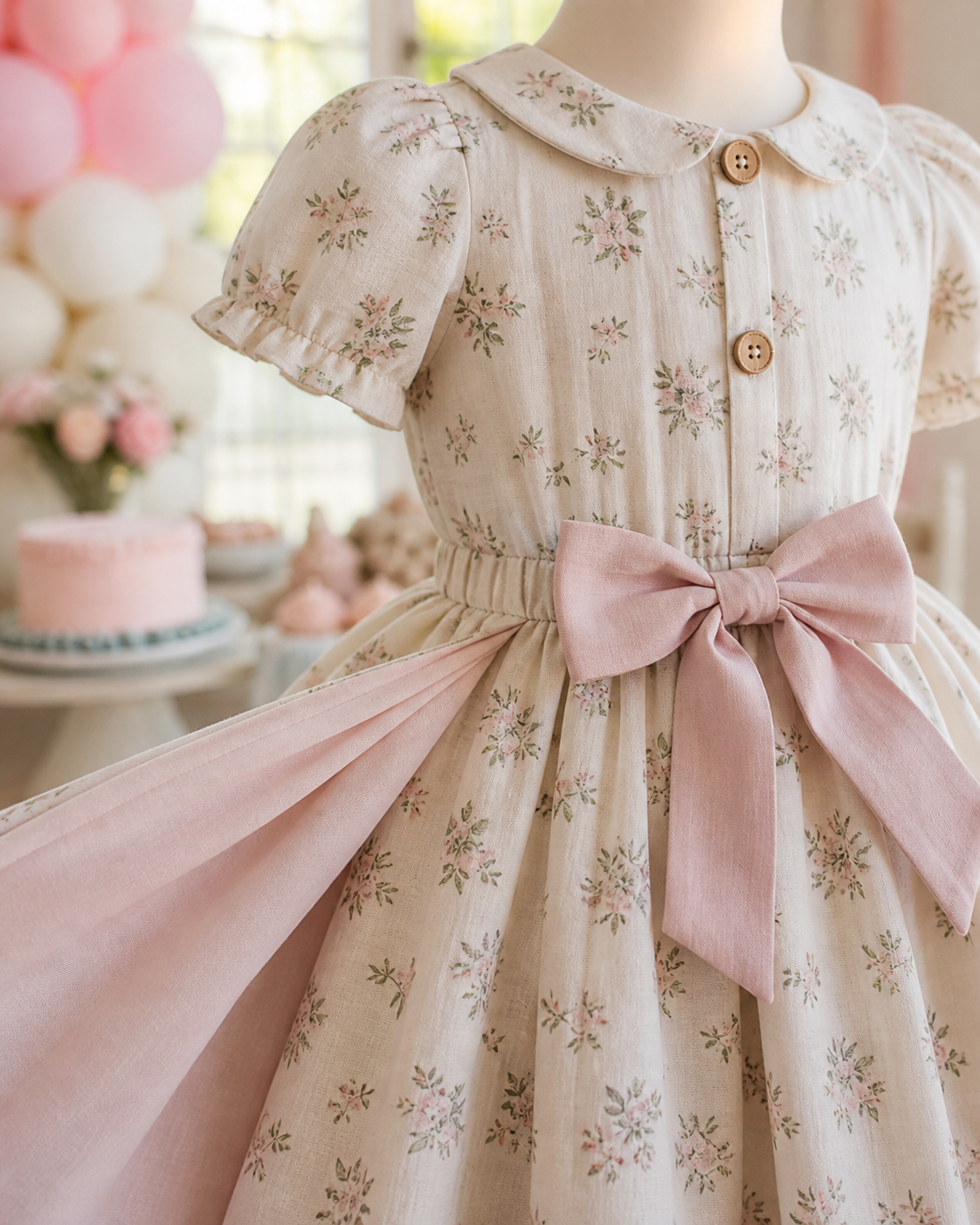 Detalhes de tecido, cintura e acabamento de vestido infantil para festa