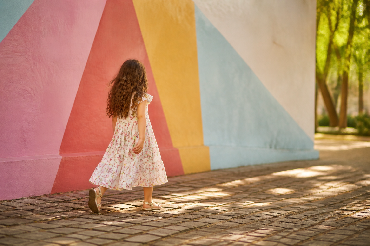 Vestido floral infantil usado em ensaio fotográfico externo diante de parede colorida