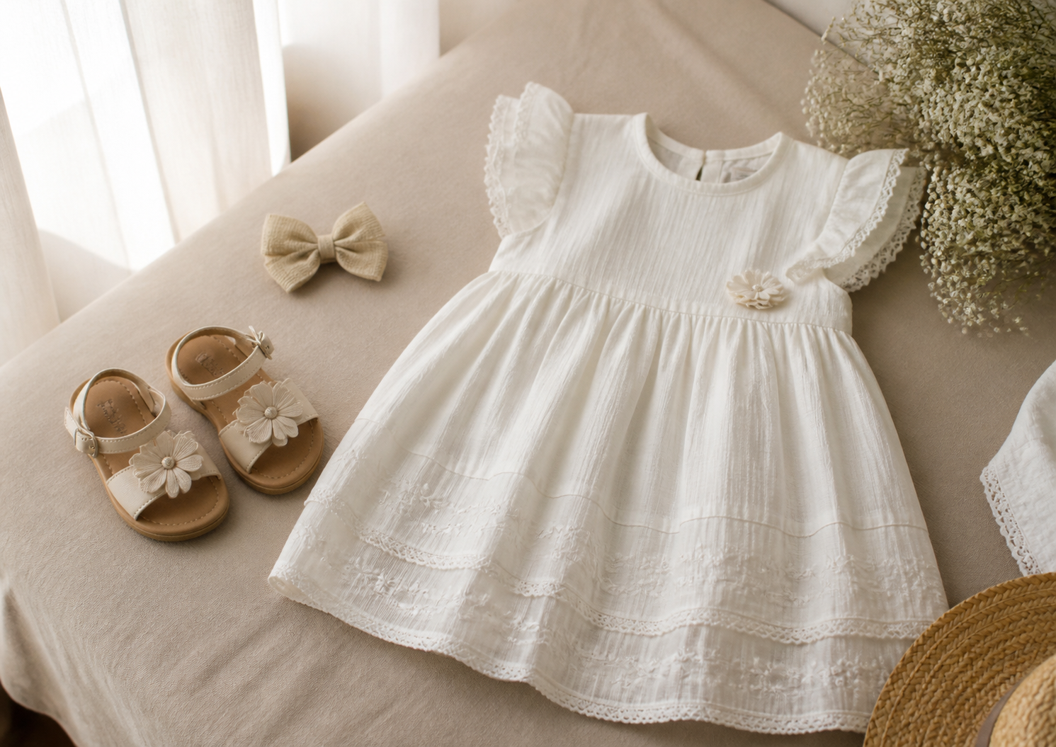 Look infantil para batizado no verão com vestido leve, sandálias e laço neutro