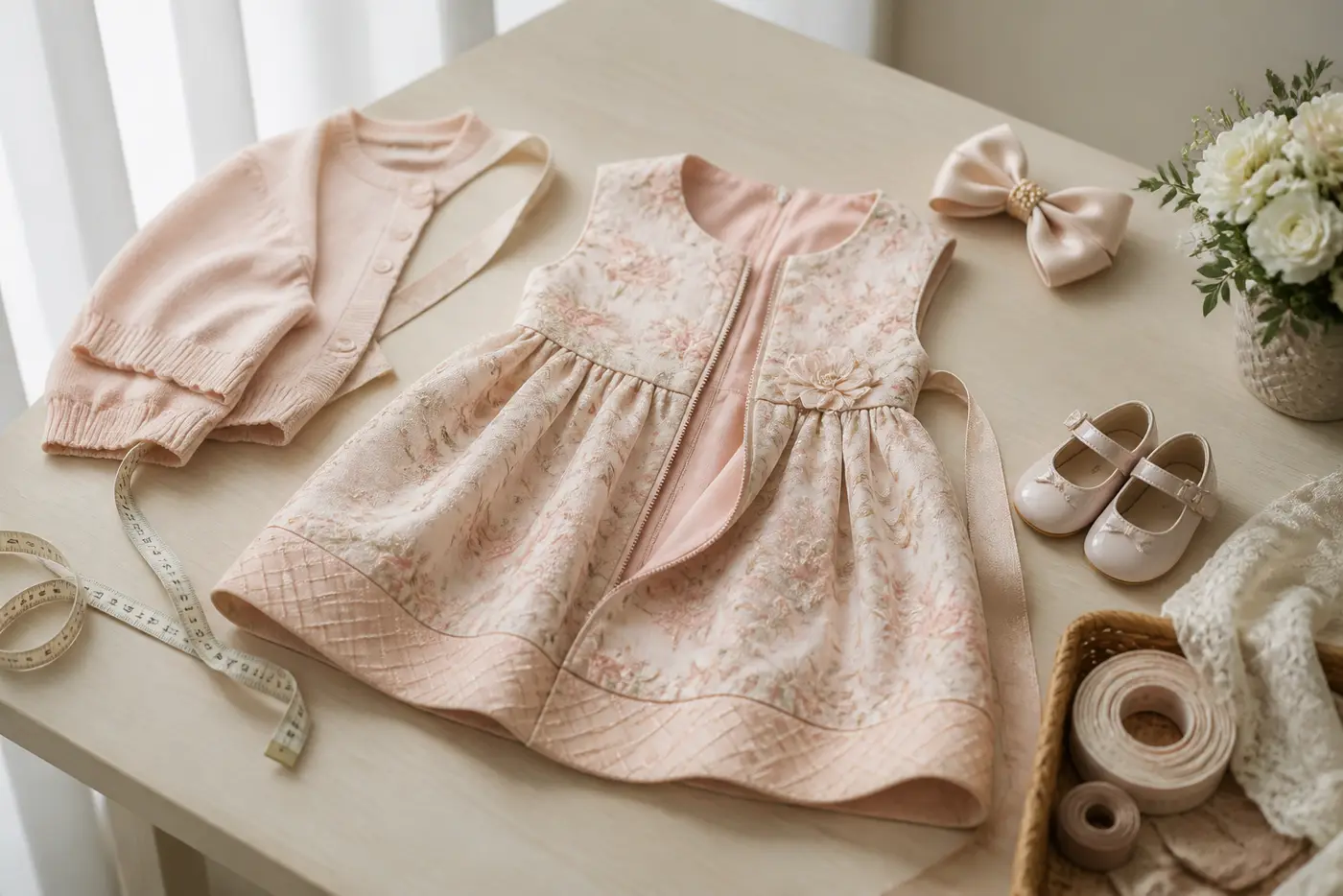 Vestido infantil de aniversário com laço, sapatinhos, casaquinho e fita métrica para planejar medidas