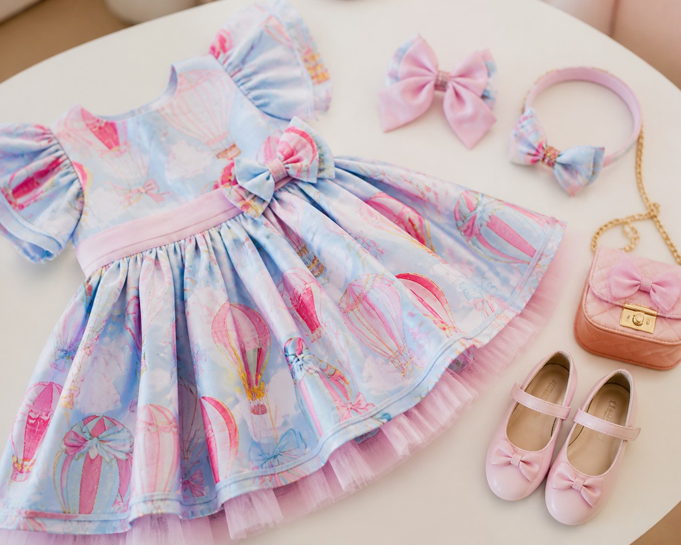 Vestido infantil colorido com laço, tiara, bolsa e sapatilha para look de aniversário
