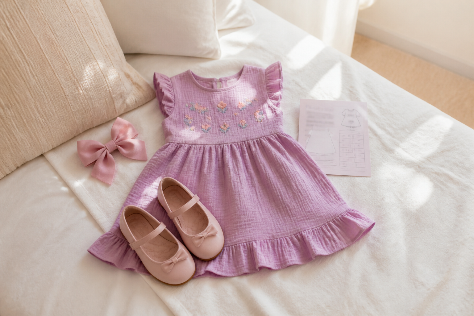 Composição de look infantil feminino para aniversário com sapatilha e laço