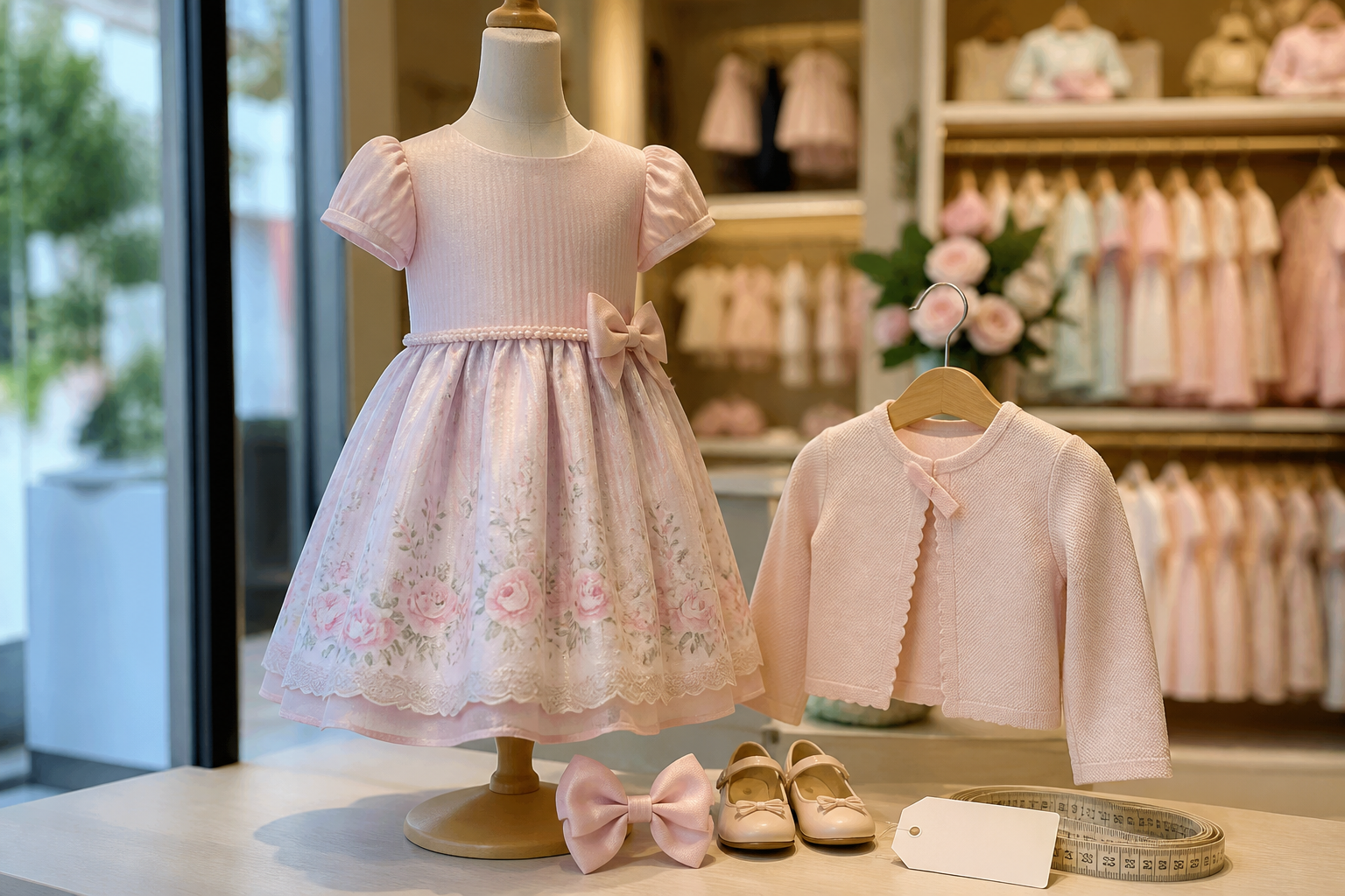 Vestido infantil de aniversário em manequim de boutique com casaquinho, laço, sapatinho e fita métrica
